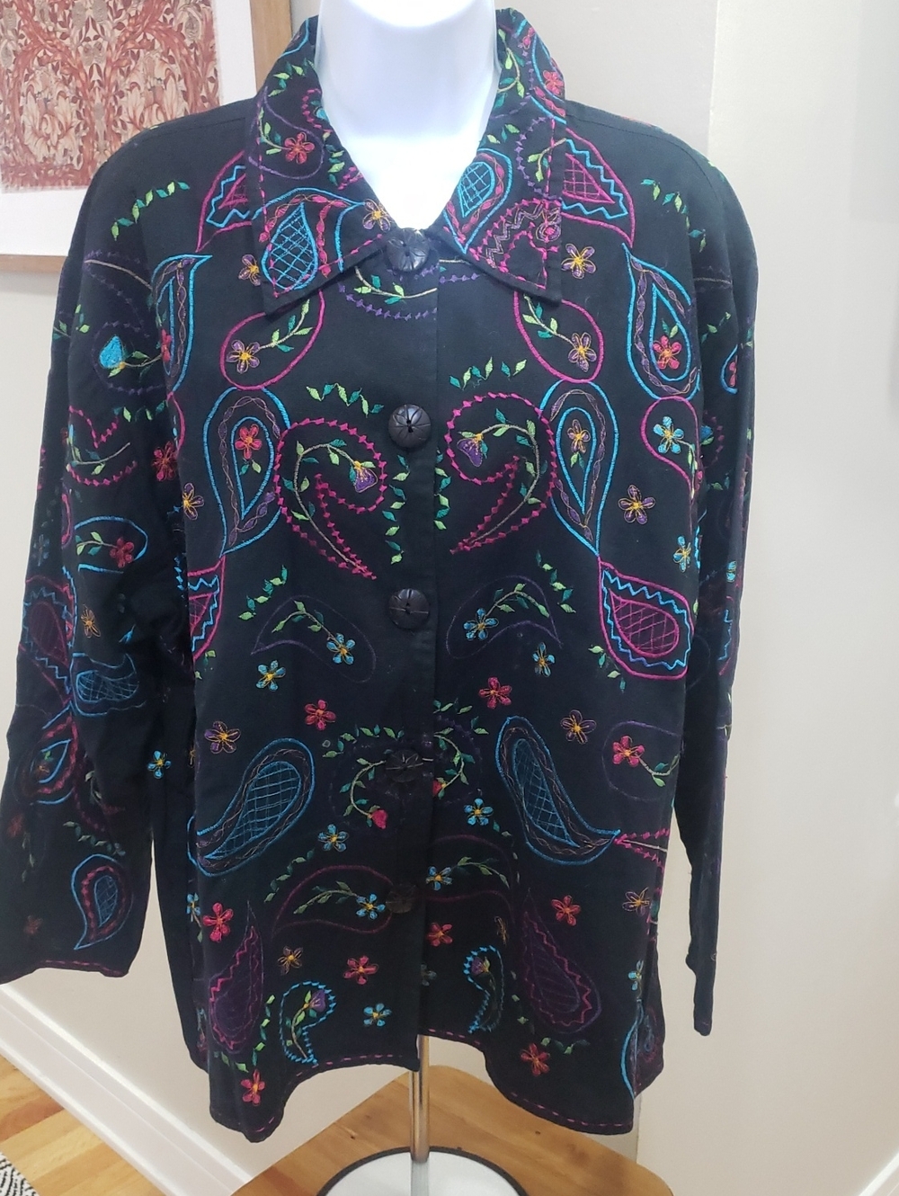 Units Woman Black Embroidered Paisley Button-Up Jacket, 1X